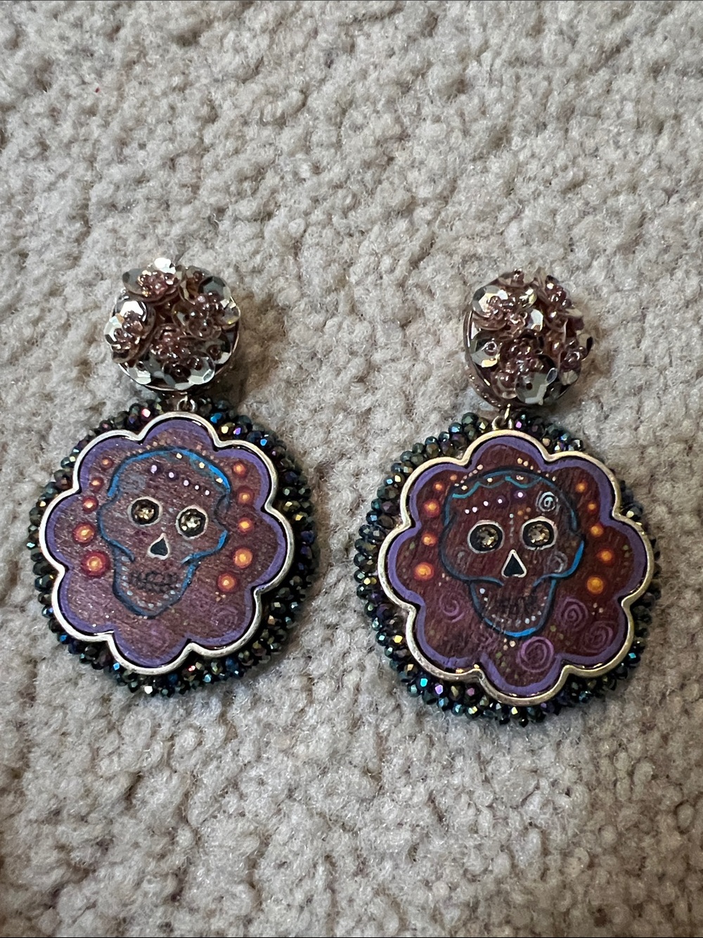 Handmade Brown Skull Floral Drop Earrings Dia de Muertos Day of the Dead